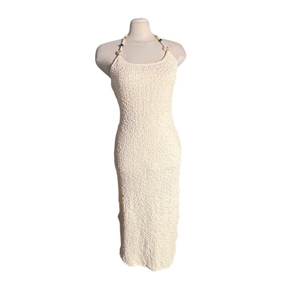 Lulus Meike Cream Textured Knit Beaded Halter Midi Dress Sz Large Womens Cream - Picture 3 of 16